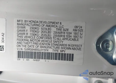 2025 Honda Cr-V Hybrid Sport-L z USA, uszkodzony, nr VIN 5J6RS6H89SL011914